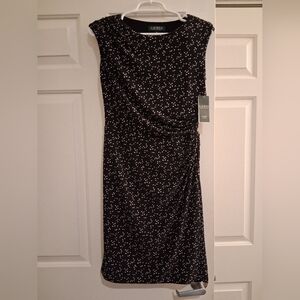 Ralph Lauren Side Ruched Dress Size 8P Black White Print NWT